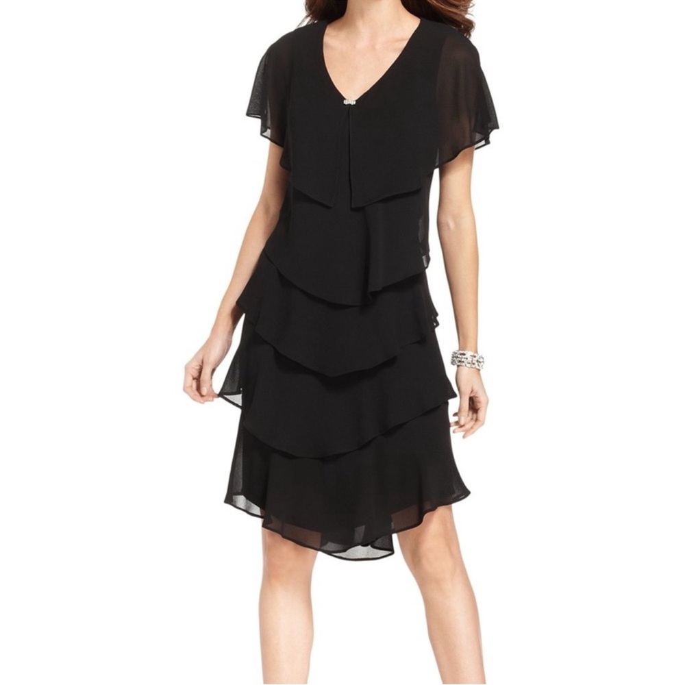 SLNY V-Neck Tiered Chiffon Dress with the Cap Sleeve, Black, Size 12